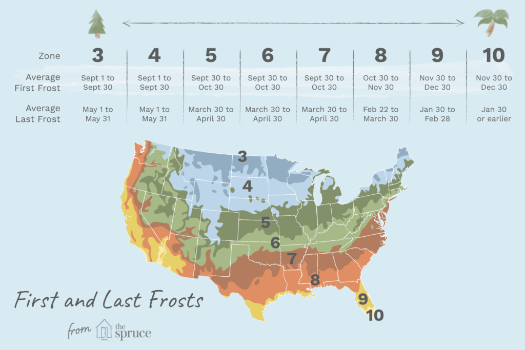Average frost dates by zone across the U.S.