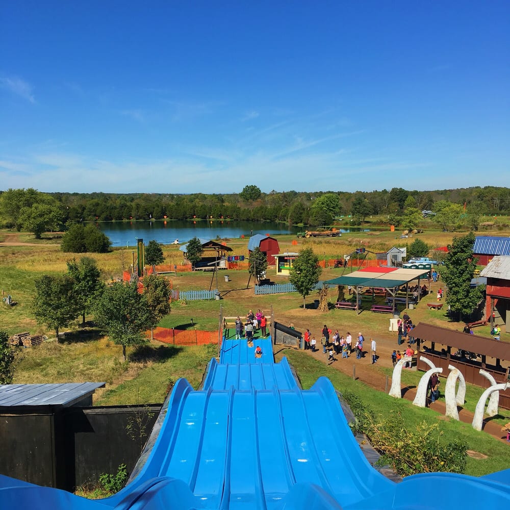 view from the top of a huge slide, overlooking the farm below