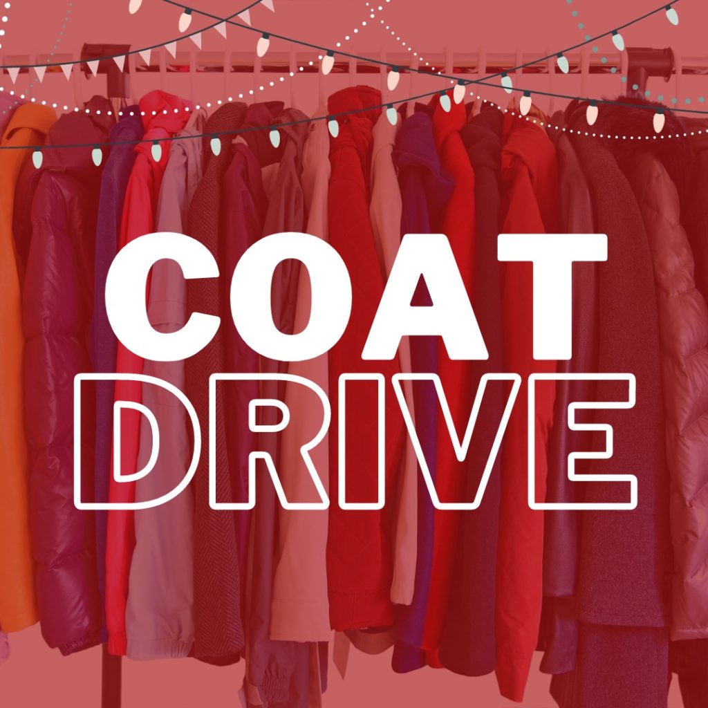 picture of coats with red overlay with the words "coat drive"