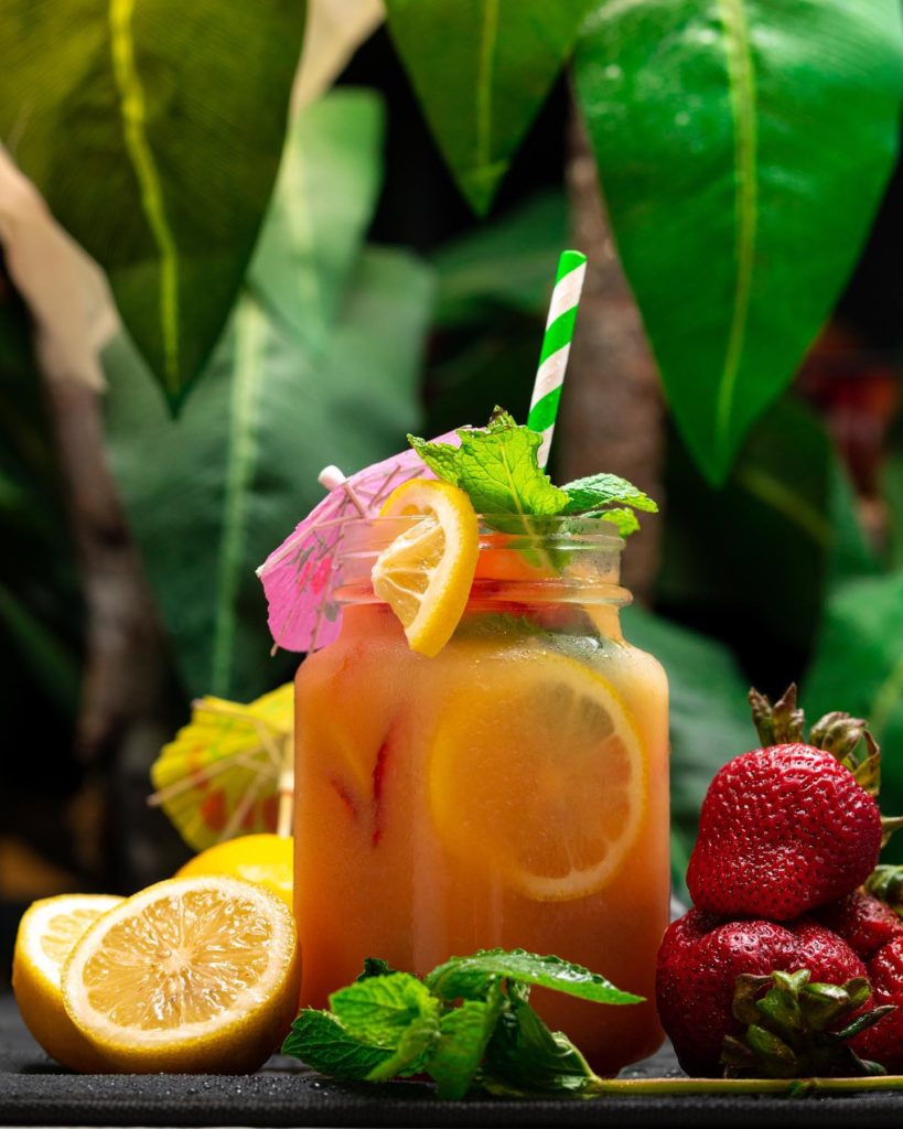 close up of a strawberry lemonade