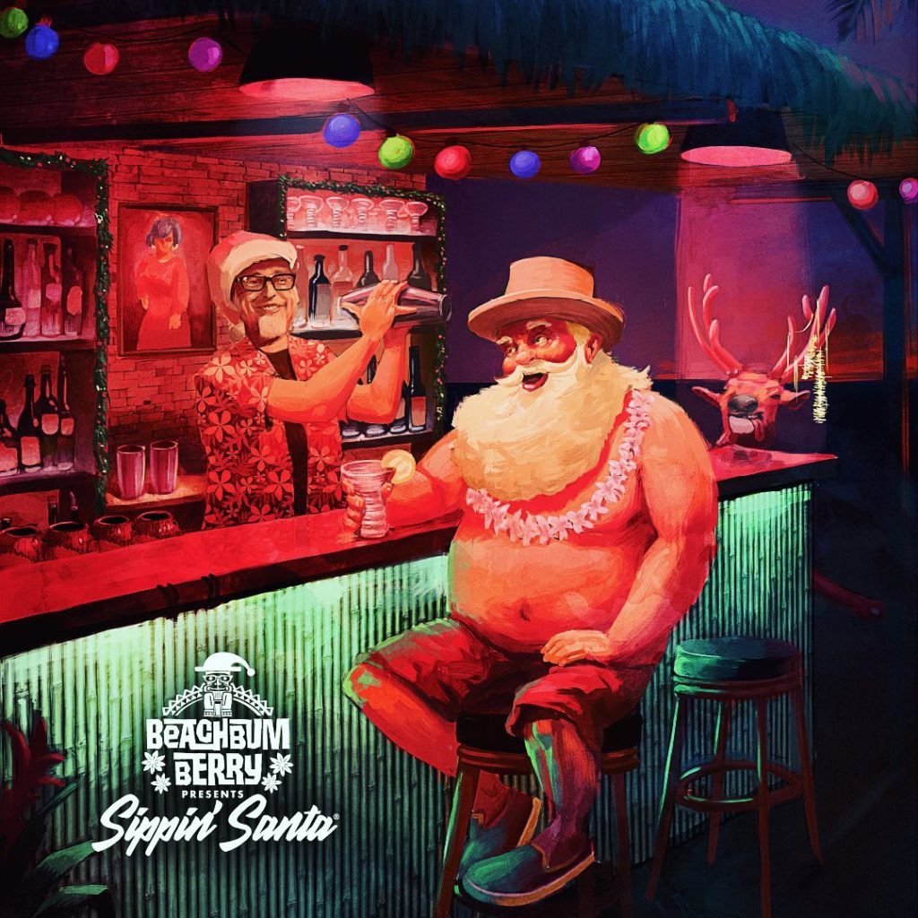 promo drawing of Santa at a bar for Archipelago's holiday-themed bar pop-up